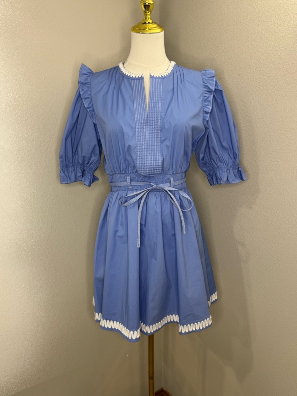 Sofie The Label Blue Cotton Poplin Dress Small Puff Sleeve Tie Waist Pockets NWT